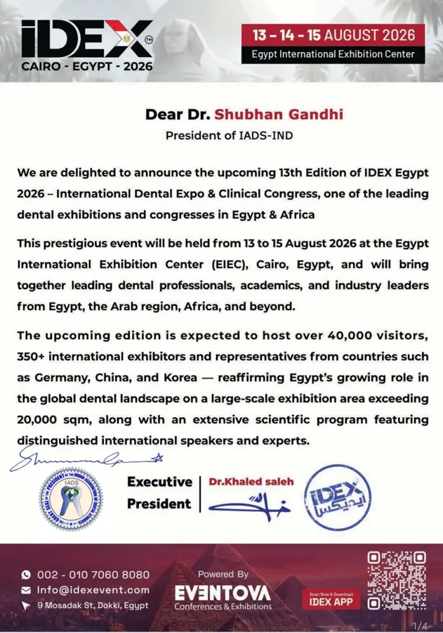 IDEX Egypt 2026 invitation addressed to Dr. SHUBHAN GANDHI as President of IADS-IND